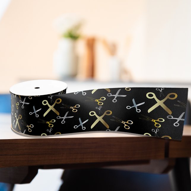 Shiny Gold & Silver Scissors Pattern Hairstylist  Grosgrain Ribbon (Creator Uploaded)
