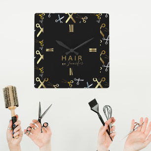 Shiny Gold & Silver Scissors Pattern Hairstylist  Square Wall Clock