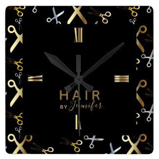 Shiny Gold & Silver Scissors Pattern Hairstylist  Square Wall Clock