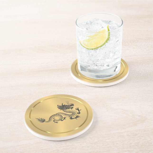 Shiny Gold Stainless Steel Texture Black Dragon Coaster (Side)