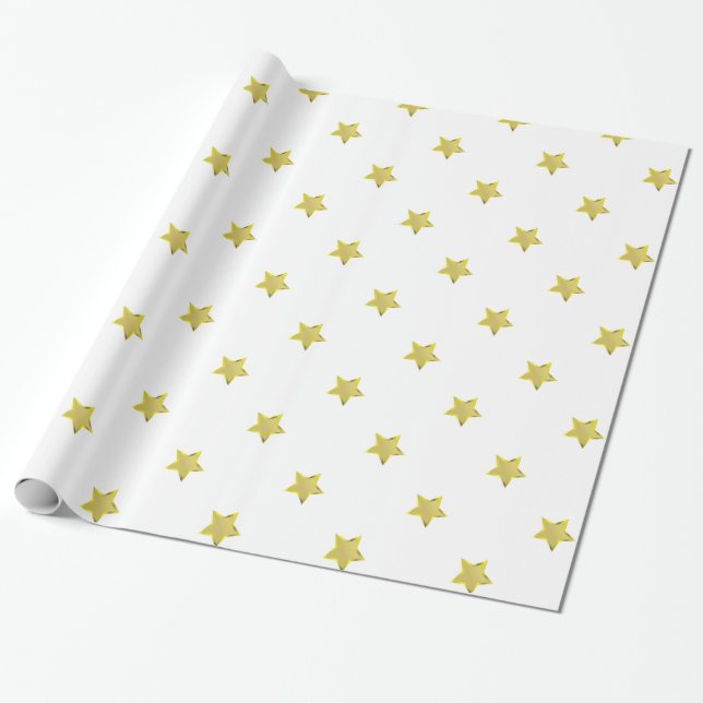 Shiny Gold Star Glamorous Design White Wrapping Paper (Unrolled)