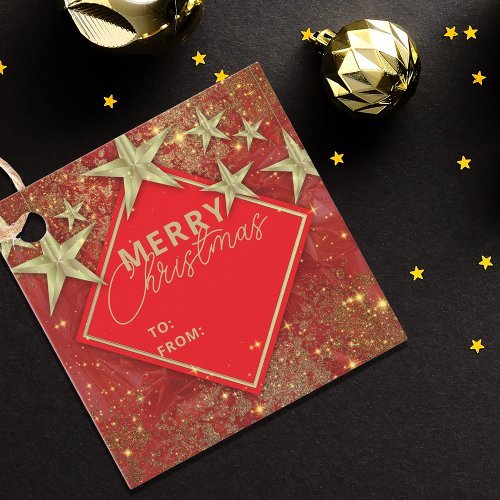 Shiny Gold Stars and Lights Red Glitter Christmas Favor Tags