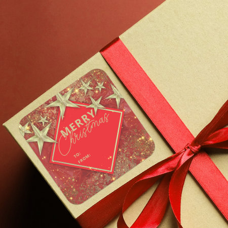 Shiny Gold Stars and Lights Red Glitter Christmas Sticker