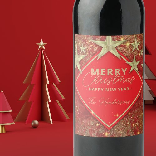 Shiny Gold Stars and Lights Red Glitter Christmas Wine Label