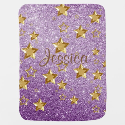 Shiny Gold Stars Purple Faux Glitter Baby Blanket
