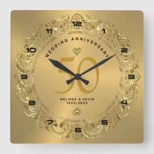 Shiny gold Swirls Circle 50th wedding  Square Wall Clock