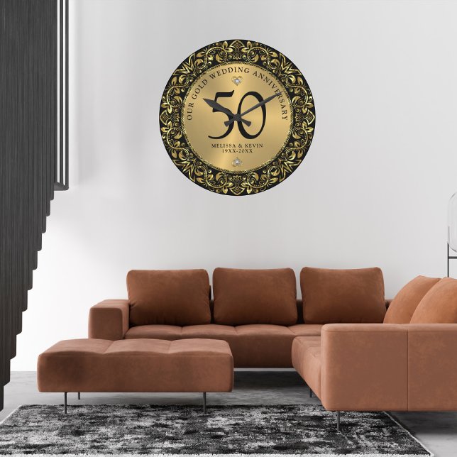 Shiny Gold Swirls Circle Frame 50th wedding Large Clock (Creator Uploaded)