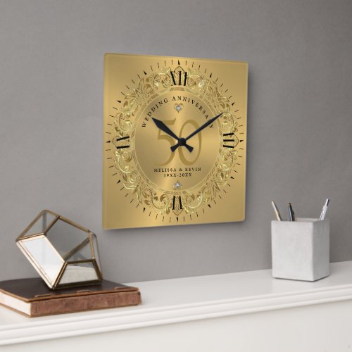 Shiny Gold Swirls Circle Frame 50th wedding Square Wall Clock