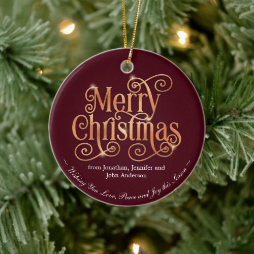 Shiny Gold Swirls Dark Red Merry Christmas Photo Ceramic Ornament