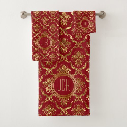 Shiny Gold Vintage damask Pattern On Red Bath To Bath Towel Set