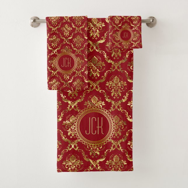 Shiny Gold Vintage damask Pattern On Red Bath To Towel Set (Insitu)