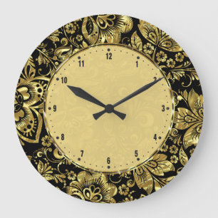 Shiny Gold Vintage Floral Damasks Large Clock