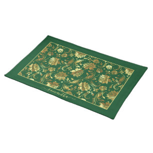 Shiny Gold Vintage Floral on Dark Green Cloth Placemat