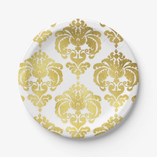 Shiny Gold  White Damask Vintage Wedding Event Paper Plates
