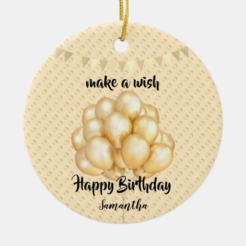 Shiny Golden Balloons  Dots Make a Wish Birthday Ceramic Ornament