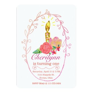 Shiny Golden Candle with Watercolor Roses Card