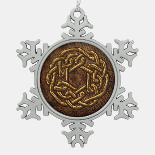 Shiny golden celtic knot on leather digital art snowflake pewter christmas ornament