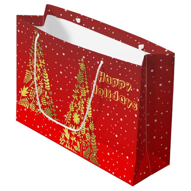 Shiny Golden Christmas Trees Holiday Gift Bag (Front Angled)