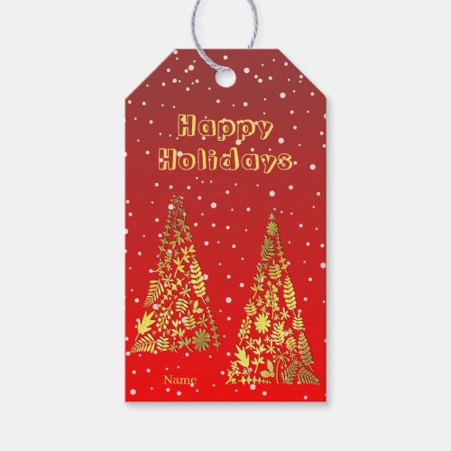 Shiny Golden Christmas Trees Holiday Gift Tag