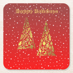 Shiny Golden Christmas Trees Holiday Paper Coaster