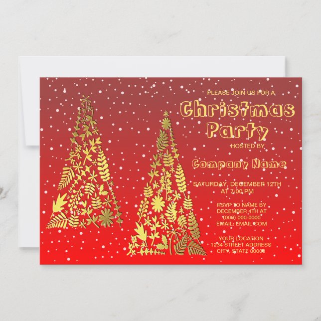 Shiny Golden Christmas Trees Holiday Party Invitation (Front)