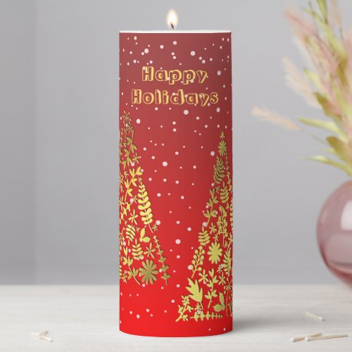 Shiny Golden Christmas Trees Holiday Pillar Candle