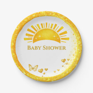 Shiny Golden Gender Neutral Sunshine Baby Shower Paper Plates