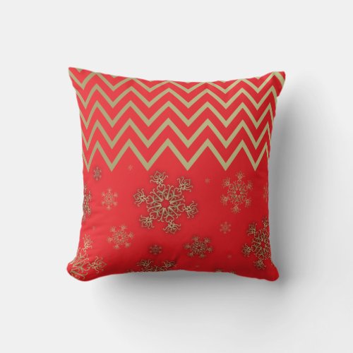 Shiny Golden Snowflakes On Red and Gold Chevron  Throw Pillow