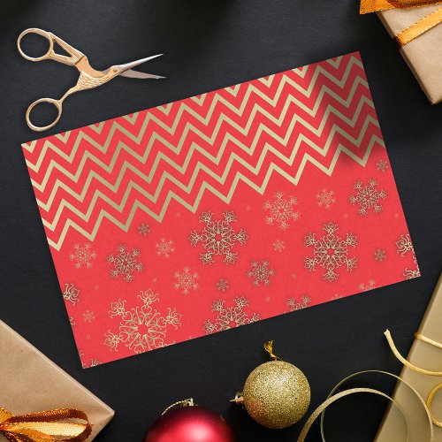 Shiny Golden Snowflakes on Red and Gold Chevron  Tissue Paper