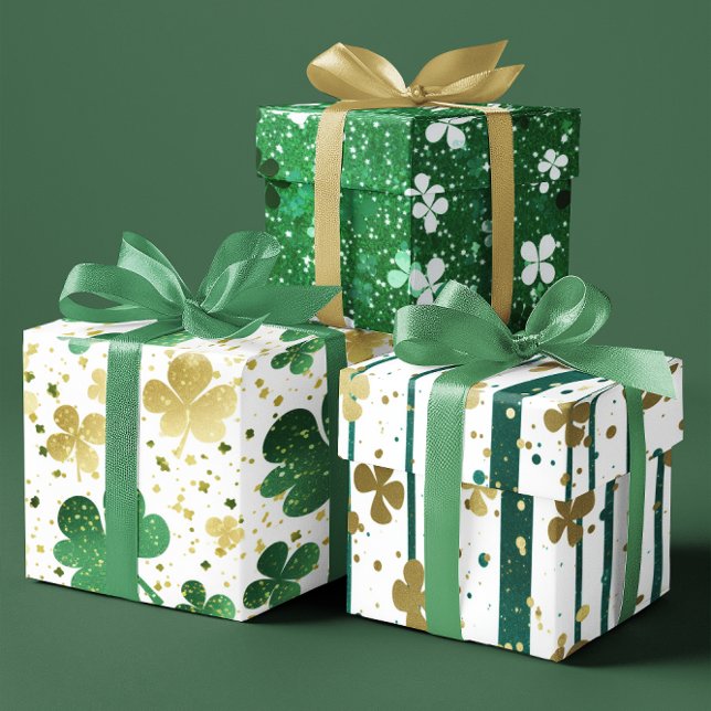 Shiny Green and Gold Shamrock Festive  set of 3 Wrapping Paper Sheets (Shiny Green and Gold Shamrock Festive set of 3 Wrapping Paper Sheets)