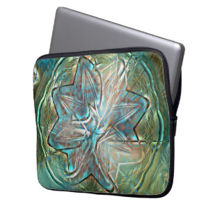 Shiny green & blue flower on pixel drizzle texture laptop sleeve
