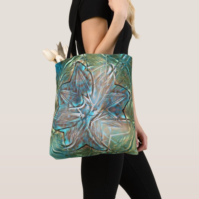 Shiny green & blue flower on pixel drizzle texture tote bag (Close Up)