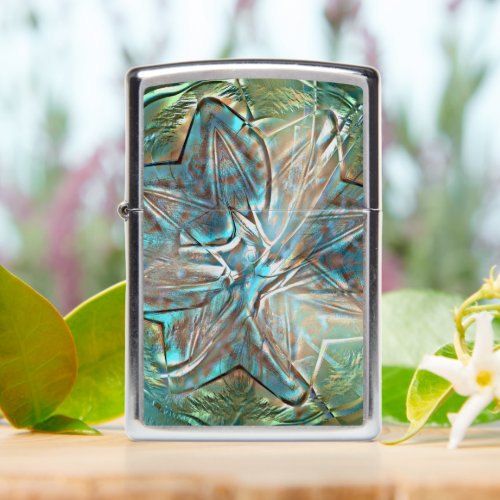 Shiny green  blue flower on pixel drizzle texture zippo lighter