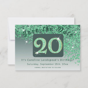 Shiny Green Glitter for 20th Birthday Save The Date