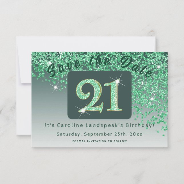 Shiny Green Glitter for 21st Birthday  Save The Date (Front)