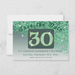 Shiny Green Glitter for 30th Birthday Save The Date