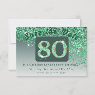 Shiny Green Glitter for 80th Birthday Save The Date