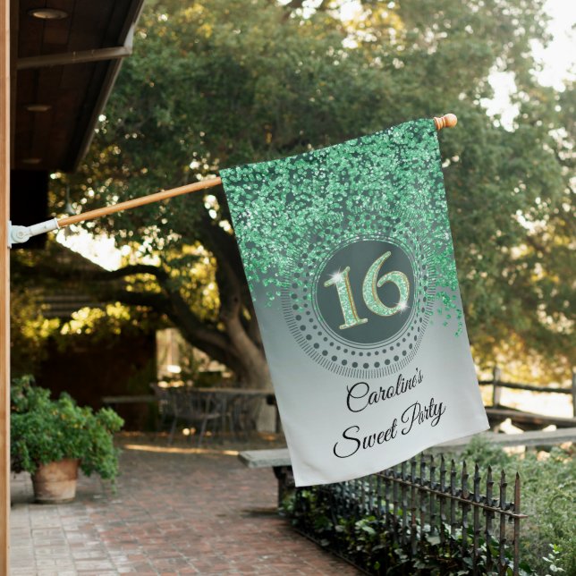 Shiny Green Glitter Sweet 16 Birthday Welcome House Flag (In SItu)
