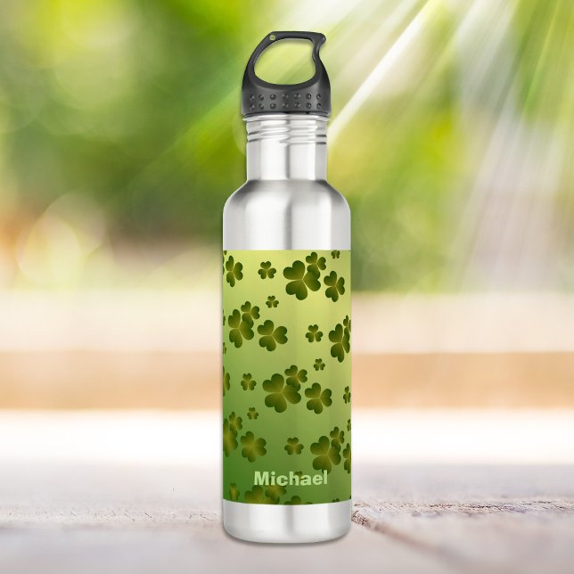 Shiny Green Gradient Shamrock Pattern Personalized Stainless Steel Water Bottle (Creator Uploaded)