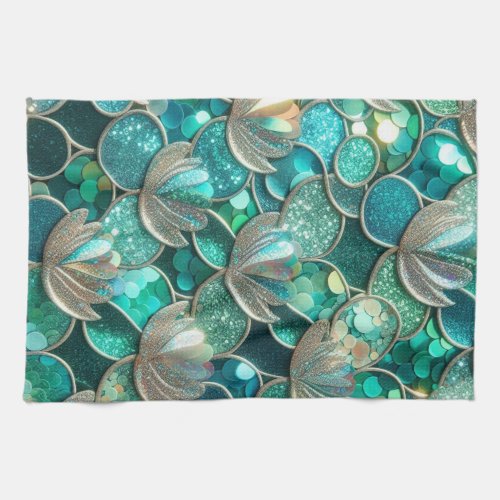 Shiny Green Mermaid Print with Flowers  Kitchen Towel