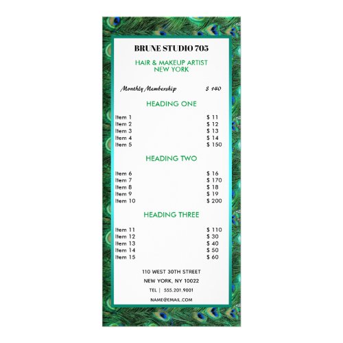 Shiny Green Peacock Feathers Price List Rack Card