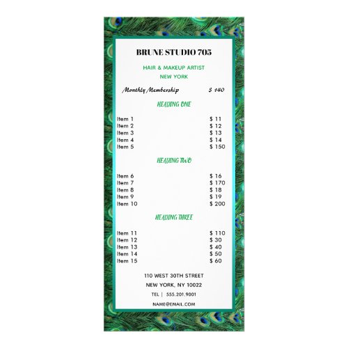 Shiny Green Peacock Feathers Price List Rack Card