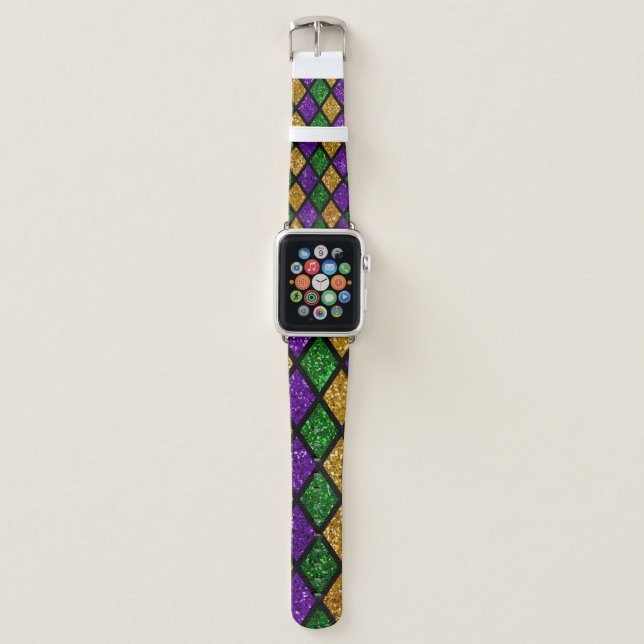 Shiny green, purple and golden glittering paillett apple watch band (Front)