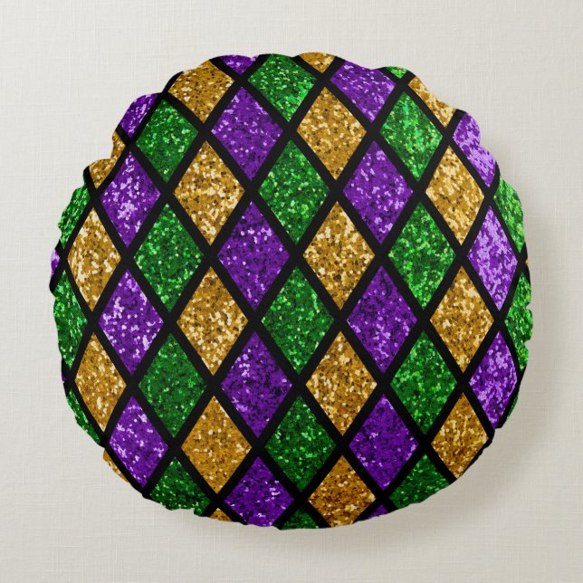 Shiny green, purple and golden glittering paillett round pillow (Front)