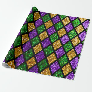 Shiny green, purple and golden glittering paillett wrapping paper