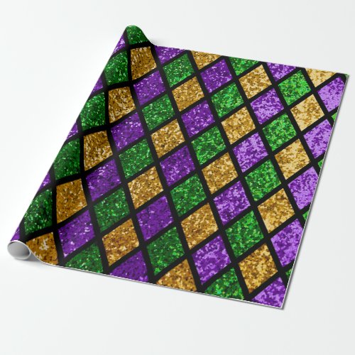 Shiny green purple and golden glittering paillett wrapping paper