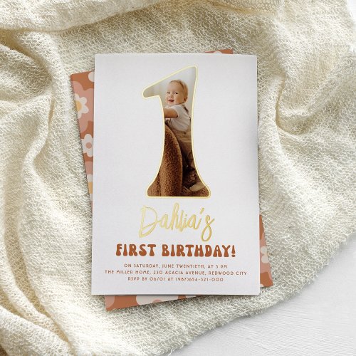 Shiny Groovy One Boho 70s Photo 1st Birthday Party Foil Invitation