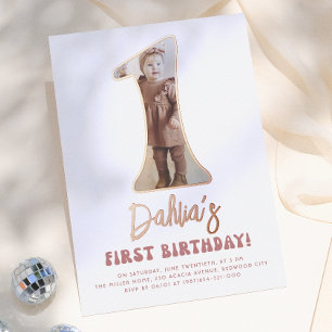 Shiny Groovy One Retro Pink Photo 1st Birthday Foil Invitation
