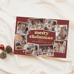 Shiny Groovy Red & Gold Merry Christmas 8 Photo Foil Holiday Card