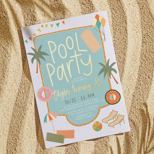 Shiny Hand_Drawn Summer Fun Pool Party Birthday Foil Invitation